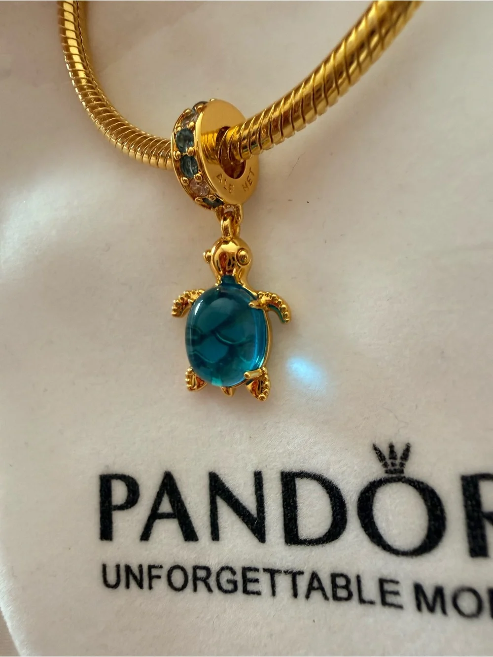 Pandora Gold Turtle Charm with Teal Stones